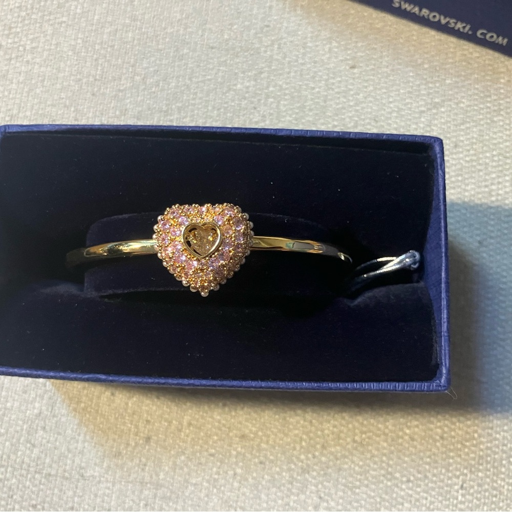 Swarovski Gold Tone Bangle with Pink Heart Crystal Cluster